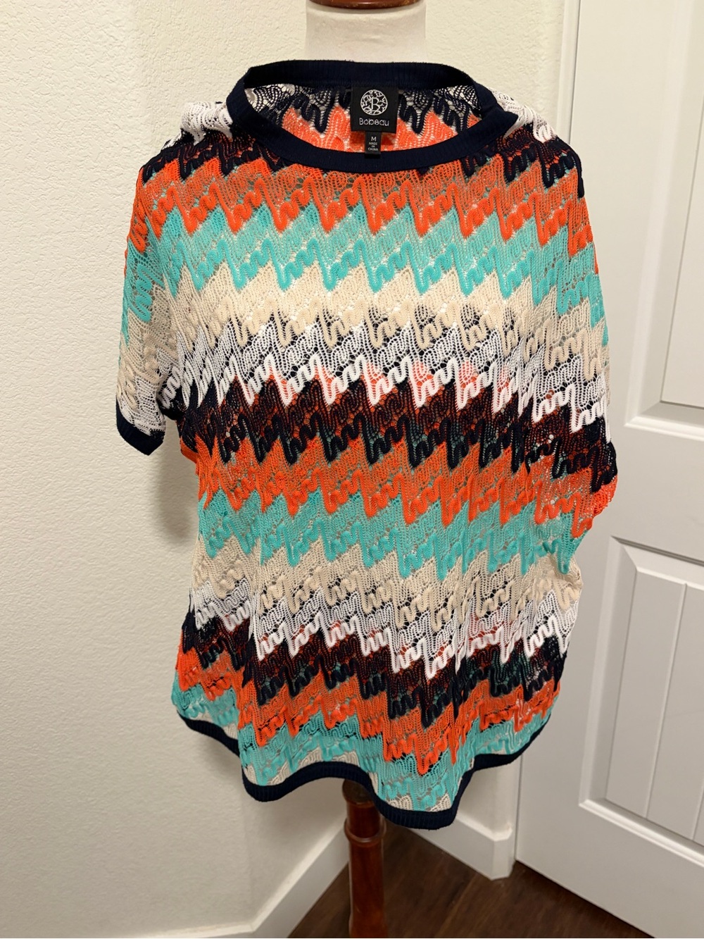 Multicolor Zigzag Knit Short Sleeve Top - Orange/Teal/White